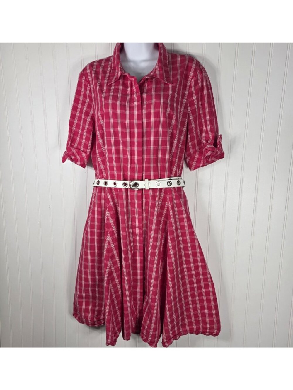 Calvin Klein Dress Womens 14 Pink Plaid Midi Belted Fit Flare Casual Cottage